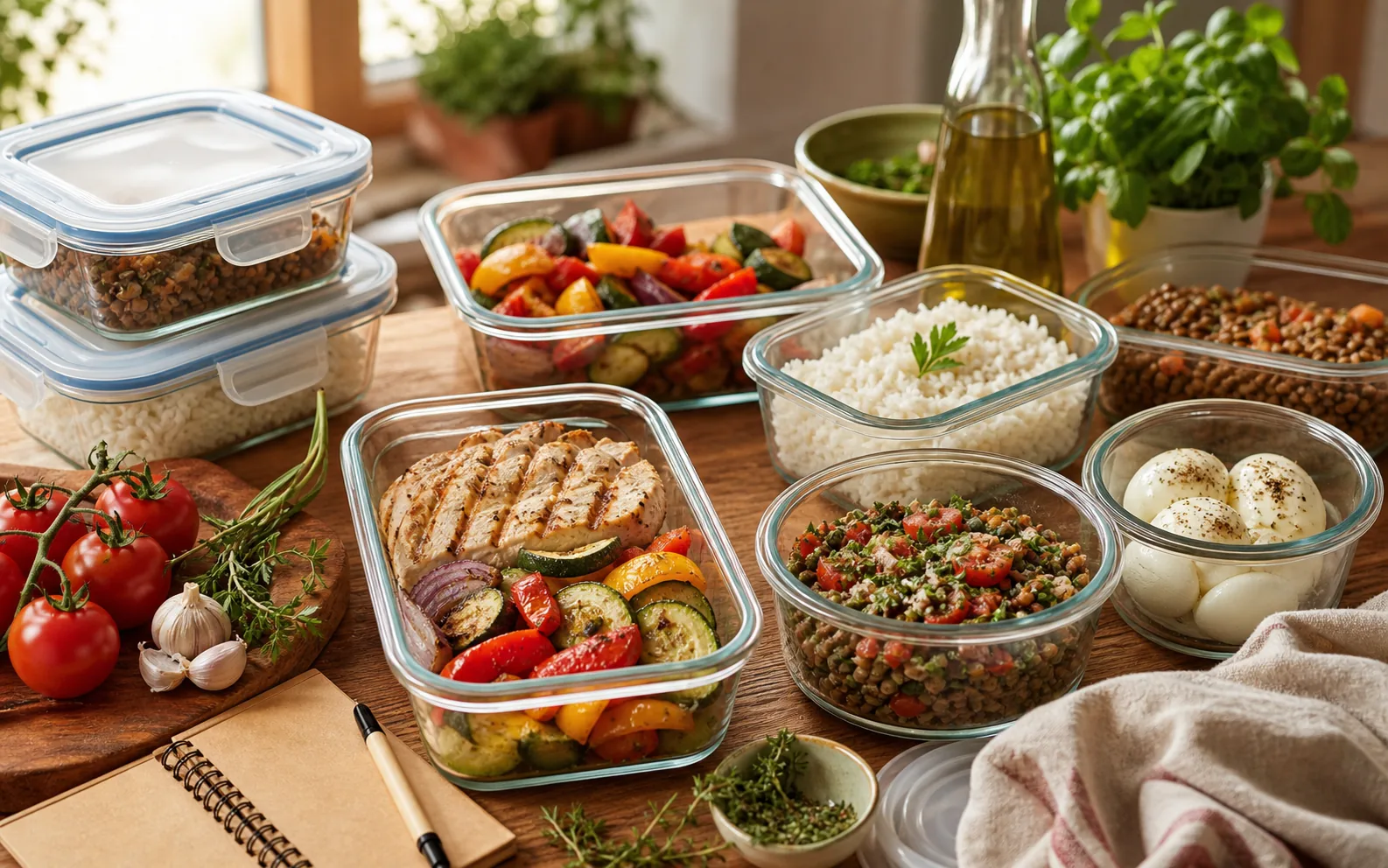 Repas de batch cooking dans des boites de conservation avec legumes, riz, lentilles et oeufs