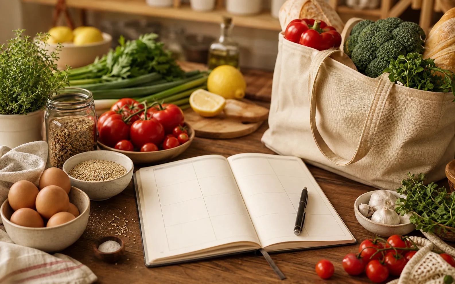 Carnet de menus et courses avec legumes frais et sac de courses