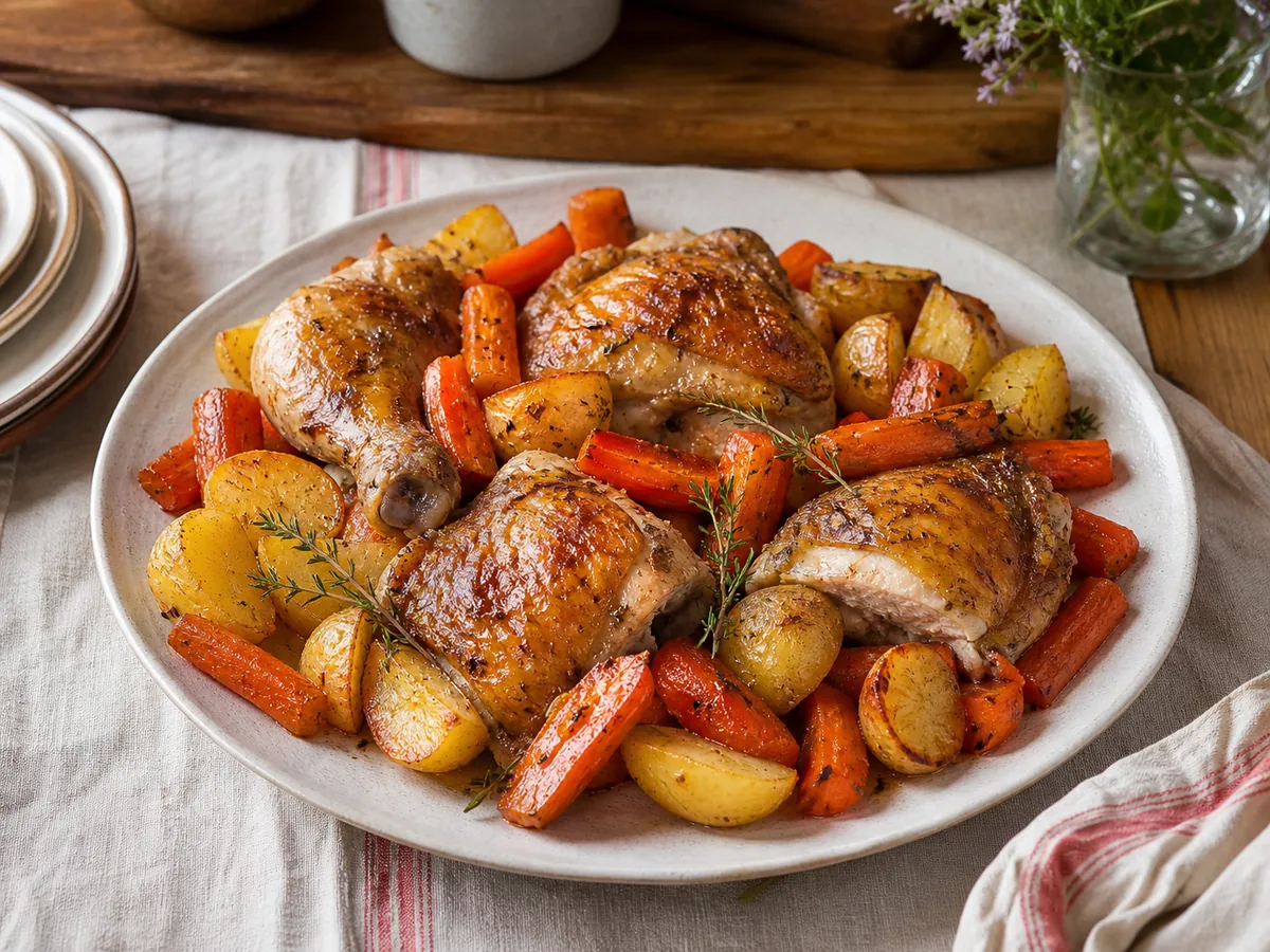 Poulet rôti, carottes et pommes de terre
